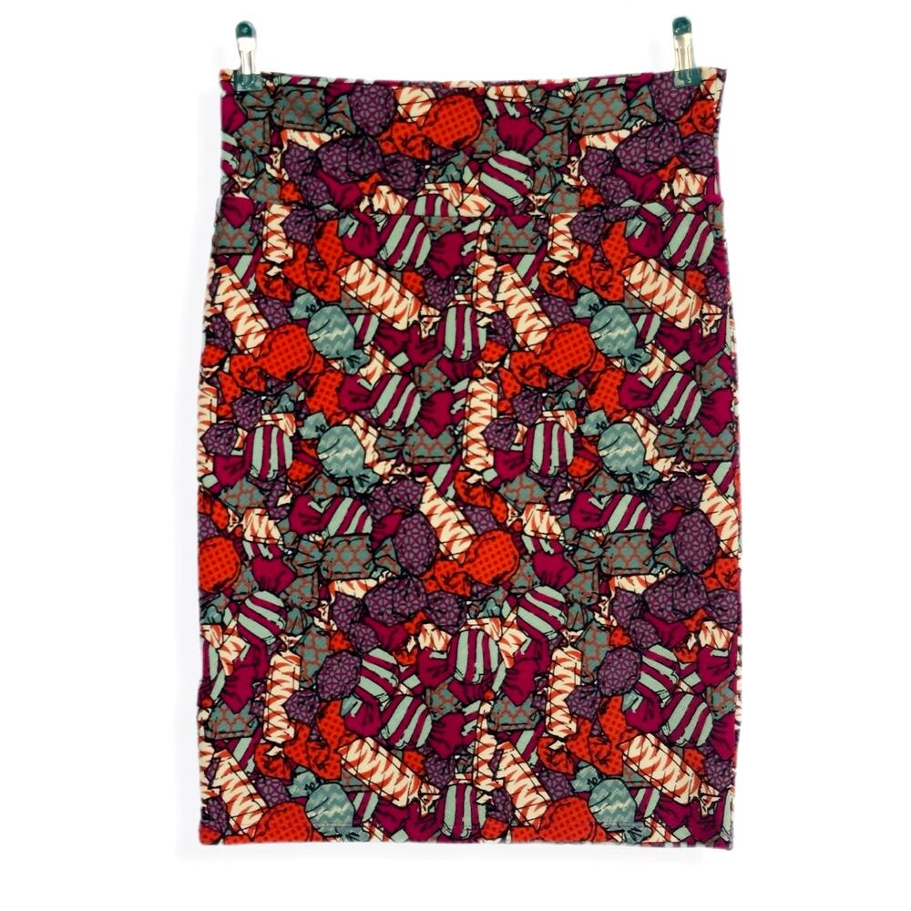 LuLaRoe Cassie Hard Candy Print Pencil Skirt L Novelty Print Kitsch Stretch